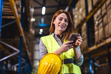 Professional Woman Worker Using Mobile Device in a Modern Warehouse Facility
