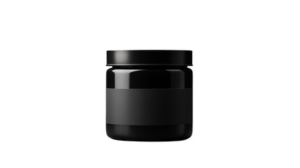 A sleek black jar with a label sits isolated against a stark black background in a studio shotisolated on transparent background	