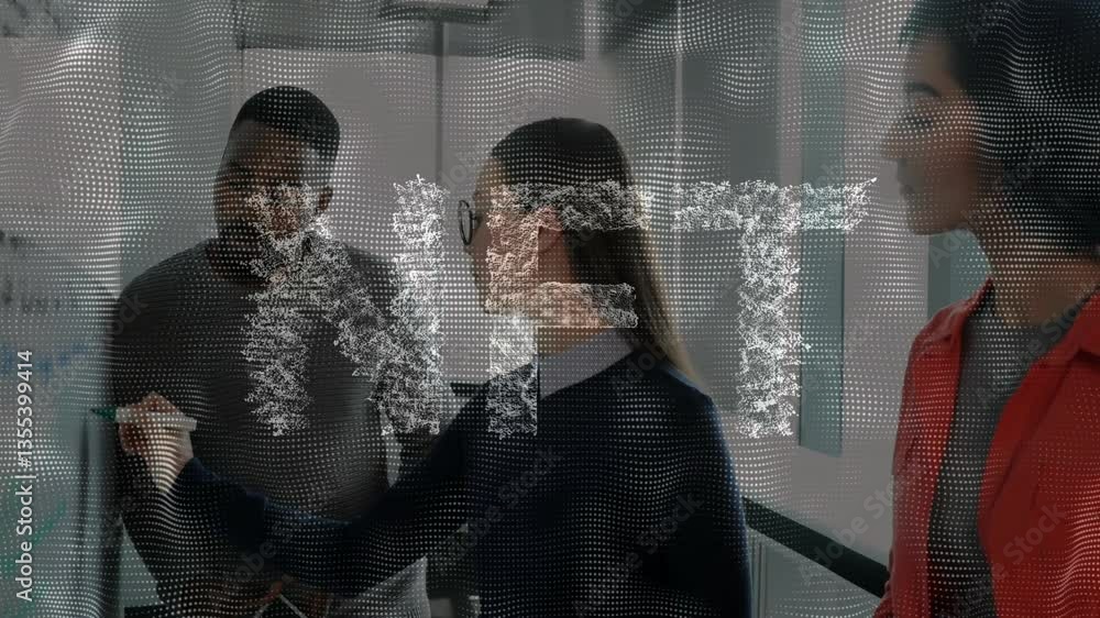 Poster diverse business team collaborating with digital data processing animation overlay