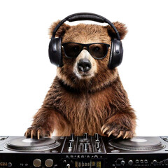 bear listening to music with headphones and headphone