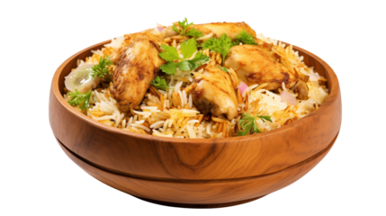 Close up of chicken biryani in a wooden bowl with parsley and sliced onions on a black backgroundisolated on transparent background	