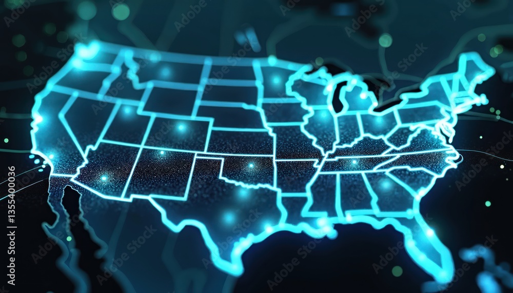 Poster USA map with digital network overlay. Glowing nodes connect locations, signifying connectivity and technology. High tech cyberspace, innovation, modern data, communication, global web.