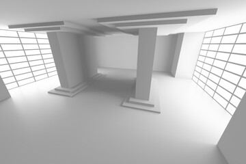 Modern architectural interior with geometric columns for contemporary design projects. 3d render.