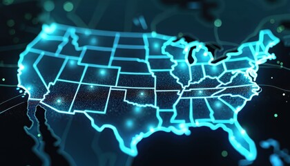 USA map with digital network overlay. Glowing nodes connect locations, signifying connectivity and technology. High tech cyberspace, innovation, modern data, communication, global web.