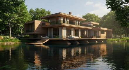 Obraz premium Modern Wood House Over Water Reflects on Calm Lake Surrounded by Trees