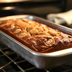 Fototapeta premium Homemade Banana Bread in Metal Pan: Freshly Baked, Golden Brown Loaf and Slices in Rustic Kitchen Scene | Comfort Baking Dessert Recipe