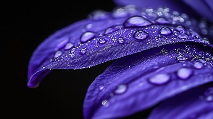Macro shot of morning dew on a violet petal capturing the fine textures and reflections perfect for nature photography