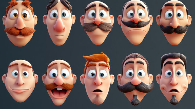 Man face emotions constructor parts eyes, nose, lips, beard, mustache avatar creator vector cartoon character creation spare parts spares animation.