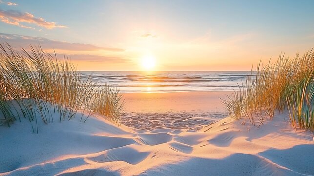Serene sunset over sandy beach with seagrass.
