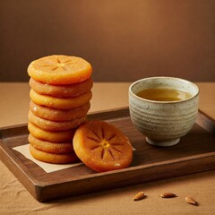 Korean Traditional Persimmon Snack (Gotgam) on a Wooden Tray.