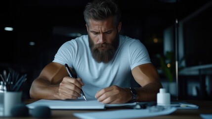 Obraz premium Focused man writing in a notebook at a desk