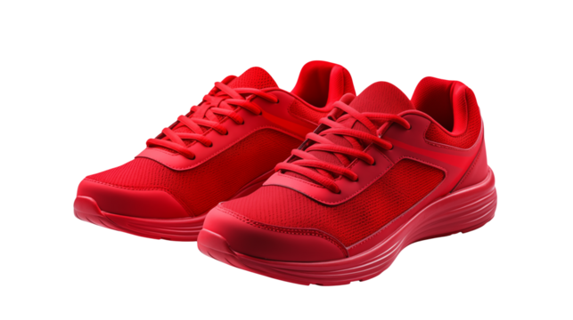 A pair of bright red athletic shoes displayed against a stark black background in a studio settingisolated on transparent background	