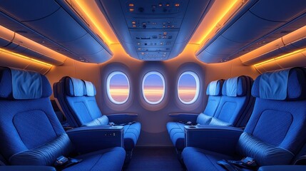 Fototapeta premium Airplane cabin at sunset with empty blue seats and oval windows