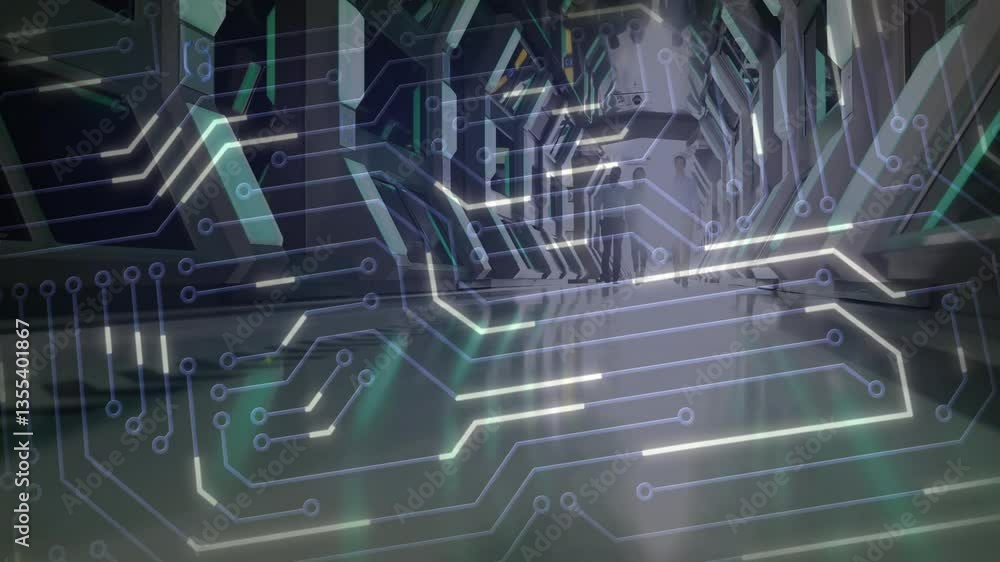 Poster animation of futuristic circuit board overlay on modern architectural structure