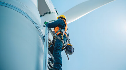 A technician climbing a ladder inside a wind turbine, wearing a safety harness and preparing to perform maintenance on the generator.