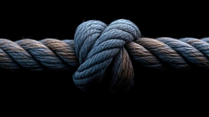 Close-up of a tight knot in a thick rope.  Dark background accentuates the texture and form
