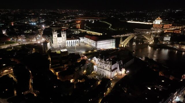 Se Do Porto At Porto In District Of Porto Portugal. Illuminated Church. Night Cityscape. Old Town Scene. Se Do Porto In Portugal. Portugal Skyline. Travel Landscape.