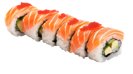 A close up shot of a row of sushi rolls topped with salmon and red roe on a black backgroundisolated on transparent background	