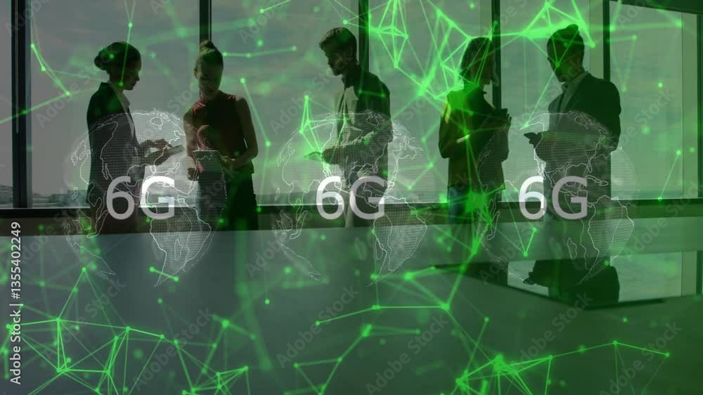 Poster silhouetted people using devices with 6g network animation over world map