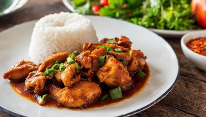 Spicy Chicken Adobo with Sticky Rice Photographed Overhead on Rustic Plate in Vibrant Filipino Market Scene