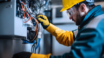 A technician inspecting the electrical systems of a wind turbine, wearing protective gear and ensuring everything functions properly.