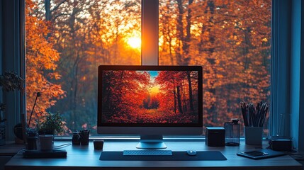 Autumn sunset view from home office desk with matching desktop