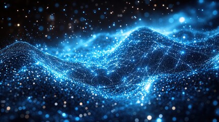 Blue particle wave flowing in dark digital space with glowing bokeh