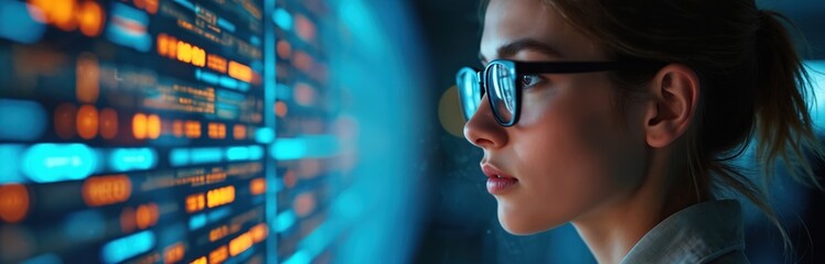 Young woman, cybersecurity expert monitors business network, communication traffic. Tech specialist analyzes data on computer screen. Secure coding, protection against cyber threats, data encryption,