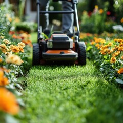 A person is mowing a vibrant garden filled with orange flowers on a sunny afternoon. The freshly cut grass creates neat lines, enhancing the garden's beauty and charm