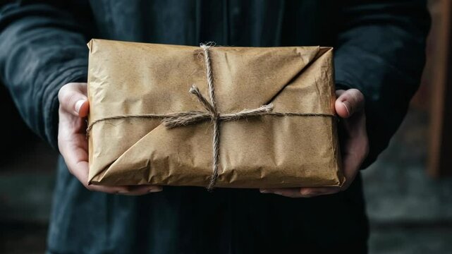 Person holding a wrapped package in their hands while standing indoors during daytime