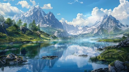 Fototapeta premium A peaceful lake with crystal-clear water reflecting the sky and surrounding mountains, ideal for relaxation and meditation visuals.