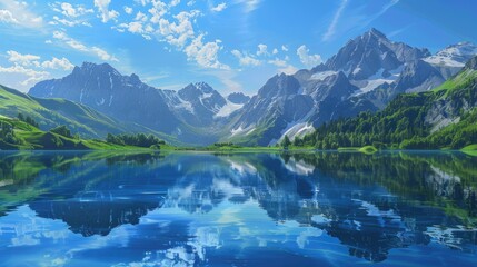 A peaceful lake with crystal-clear water reflecting the sky and surrounding mountains, ideal for relaxation and meditation visuals.