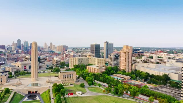 Aerial view of Kansas City skyline at dusk, viewed from above Penn Valley Park. Kansas City is the largest city in Missouri.