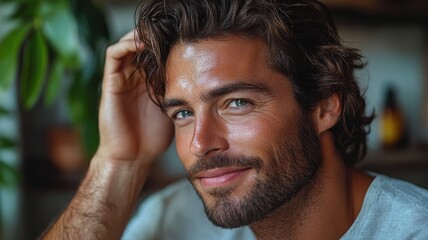 Obraz premium A young man with a charming smile and tousled hair sits in a relaxed pose. The warm, inviting indoor space features plants and gentle lighting, creating a comfortable atmosphere