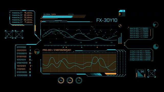 High-tech interface for data processing with animated HUD elements