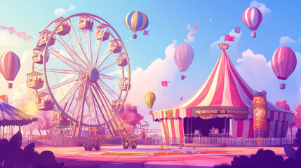 Amusement park and circus tent, ferris wheel flat vector illustration. Entertainment show, promotional invitation card. Spectacle children carousel awning design banner for website.
