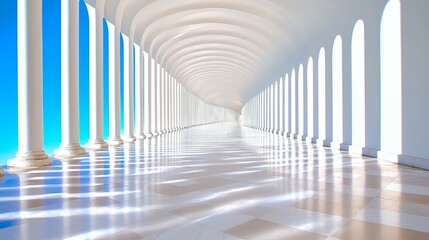 Fototapeta premium Architectural Corridor with White Columns and Bright Blue Sky, Reflected Light