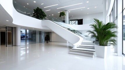Modern, spacious, minimalist office lobby with curved staircase