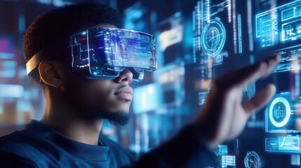 Fototapeta premium Immersive augmented reality: A programmer interacting with digital interface via AR glasses