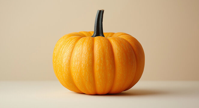  Realistic close-up of a vibrant orange pumpkin on a table with soft lighting - Powered by Adobe