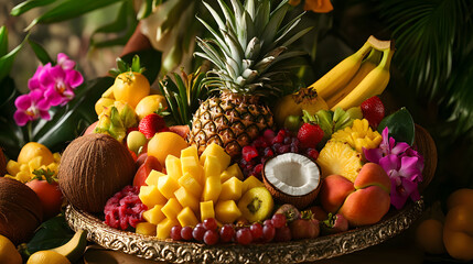 A vibrant and colorful assortment of tropical fruits including bananas, pineapples, and coconuts, presented on a decorative platter as a feast for the senses.