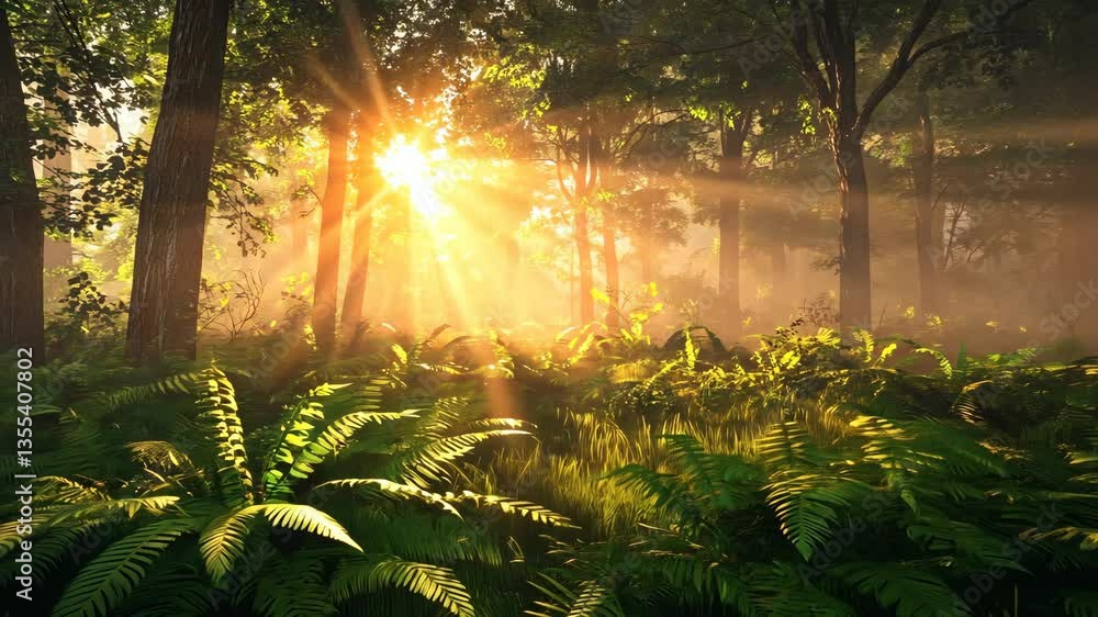 Poster sunlight filters through trees in a lush forest during early morning hours, creating a serene and tr