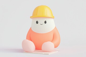 Fototapeta premium Smiling, seated, cartoon construction worker figure. A cheerful, 3D-rendered character, wearing a bright yellow hard hat and peach-colored overalls, sits on a light-colored surface
