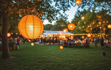 A vibrant eco-friendly festival in a lush outdoor setting, featuring solar-powered lights and biodegradable decorations.