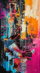 Obraz premium Colorful abstract cityscape intricate geometric designs painting