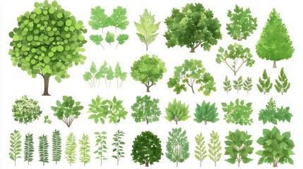 Watercolor Trees and Greenery Elements for Design and Decoration on White Background