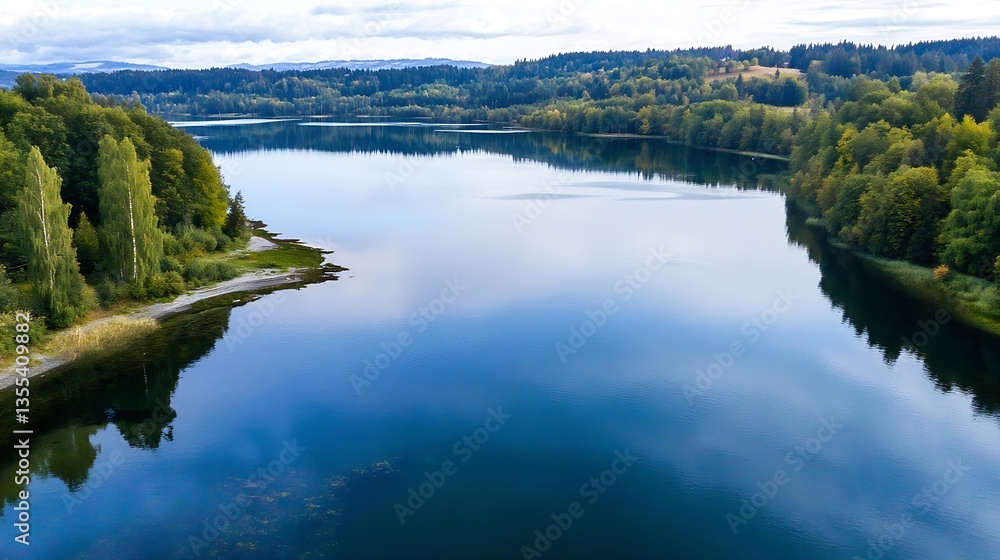 Poster serene landscape of a tranquil lake surrounded by lush green trees and hills under a cloudy sky : ge
