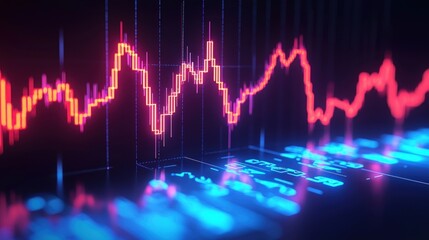 Neon glow candlestick chart with sharp upward and downward movements on white