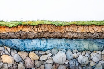 Watercolor illustration shows a soil cross-section with layers to rocks. Ideal for earth science lessons, diagrams, or ecological awareness campaigns.