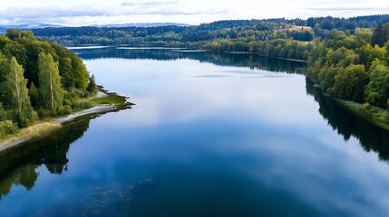 Fototapeta premium Serene landscape of a tranquil lake surrounded by lush green trees and hills under a cloudy sky : Generative AI